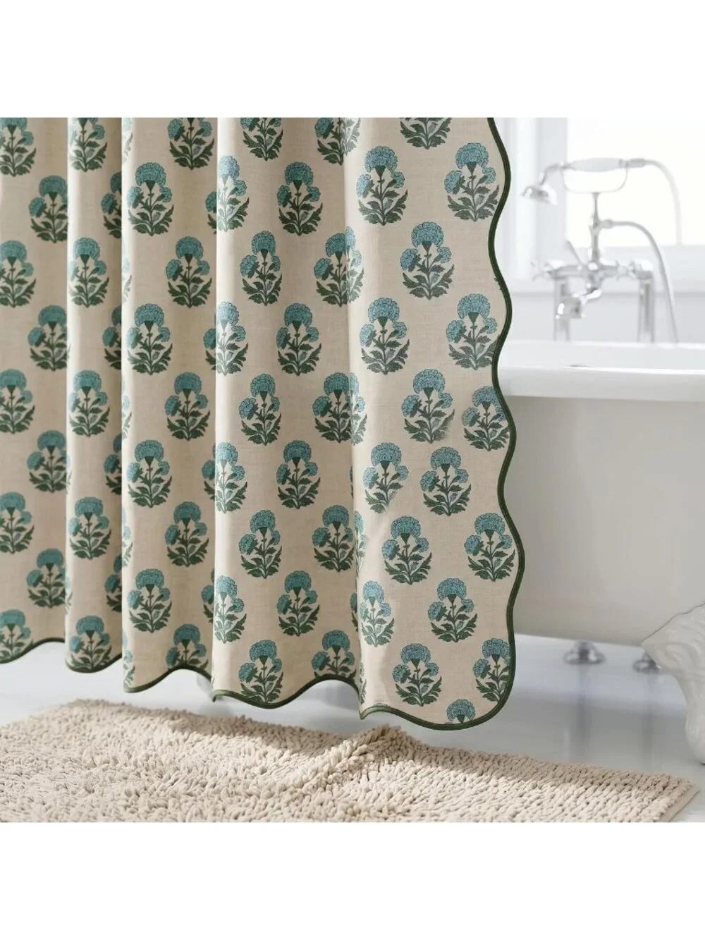 Scalloped Block Print Shower Curtain Set with 12 Hooks - Stylish Bathroom Decor
